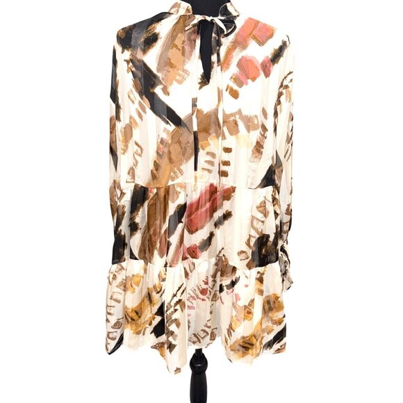 Beulah Style Abstract Artsy Empire Dress Bow Tie Neckline Balloon Sleeve Boho - Picture 1 of 12